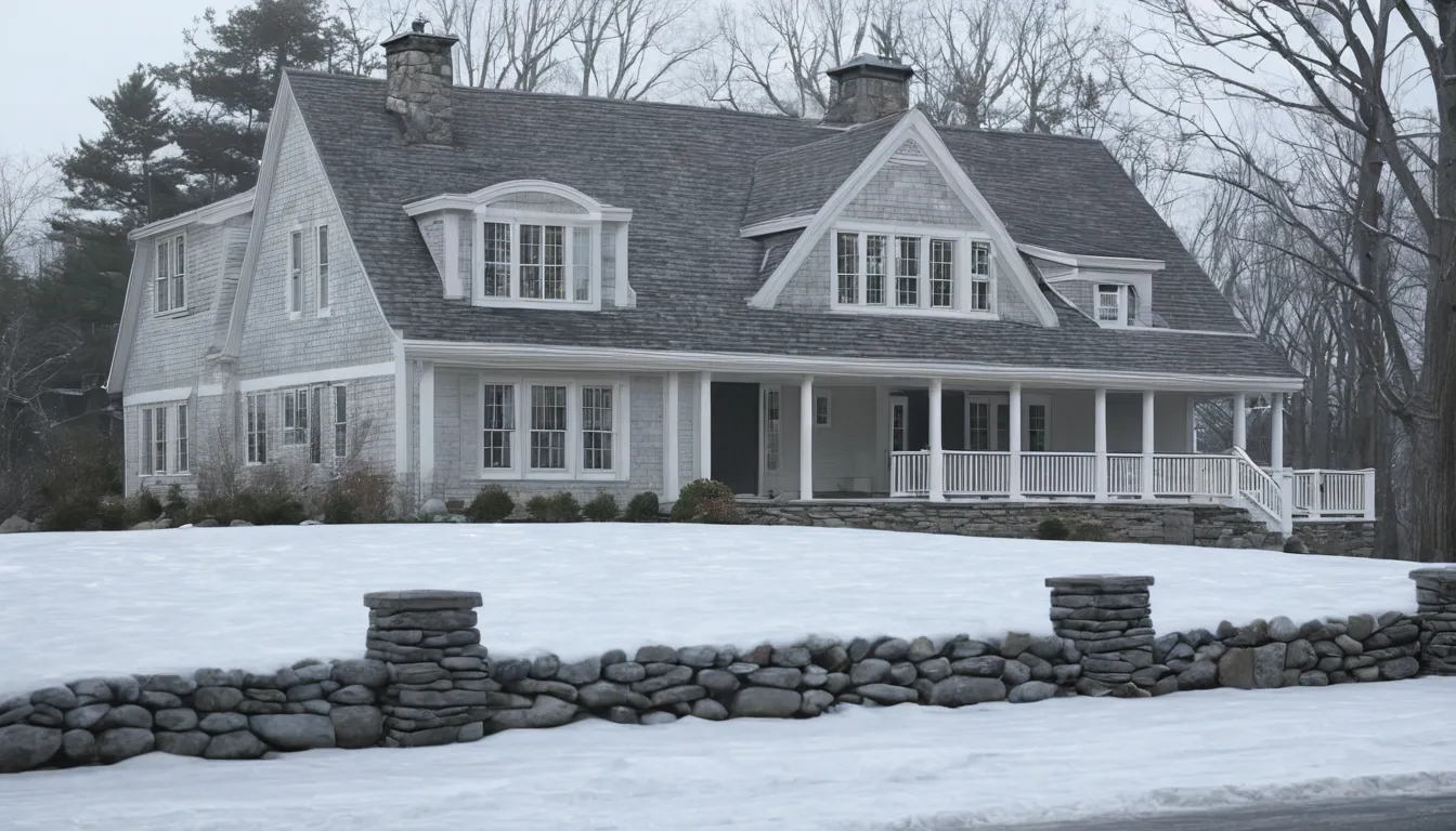 An older Old Westbury home with snow on the roof in winter