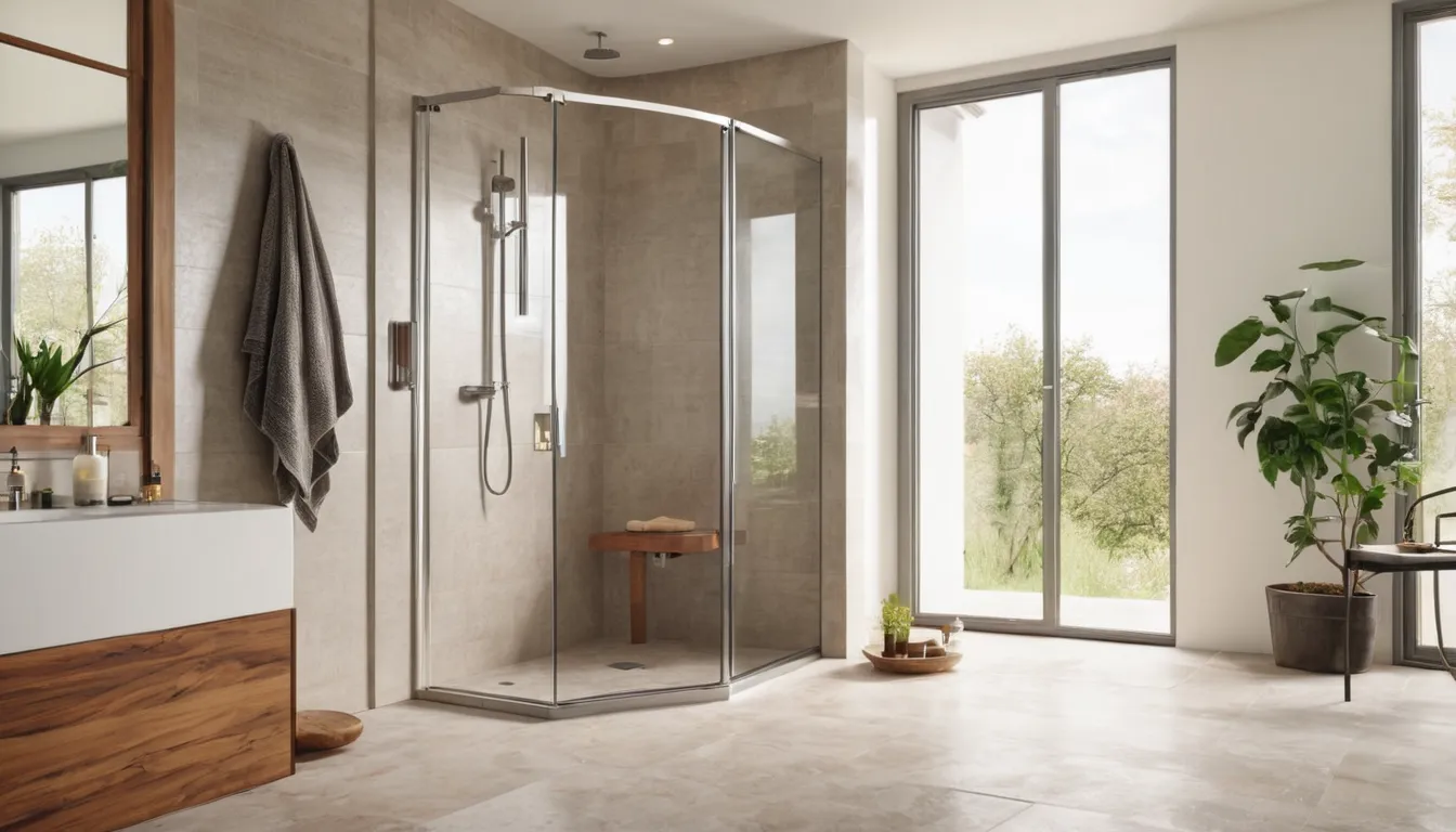A bright walk-in shower with a low entry and built-in seat in a Old Westbury home