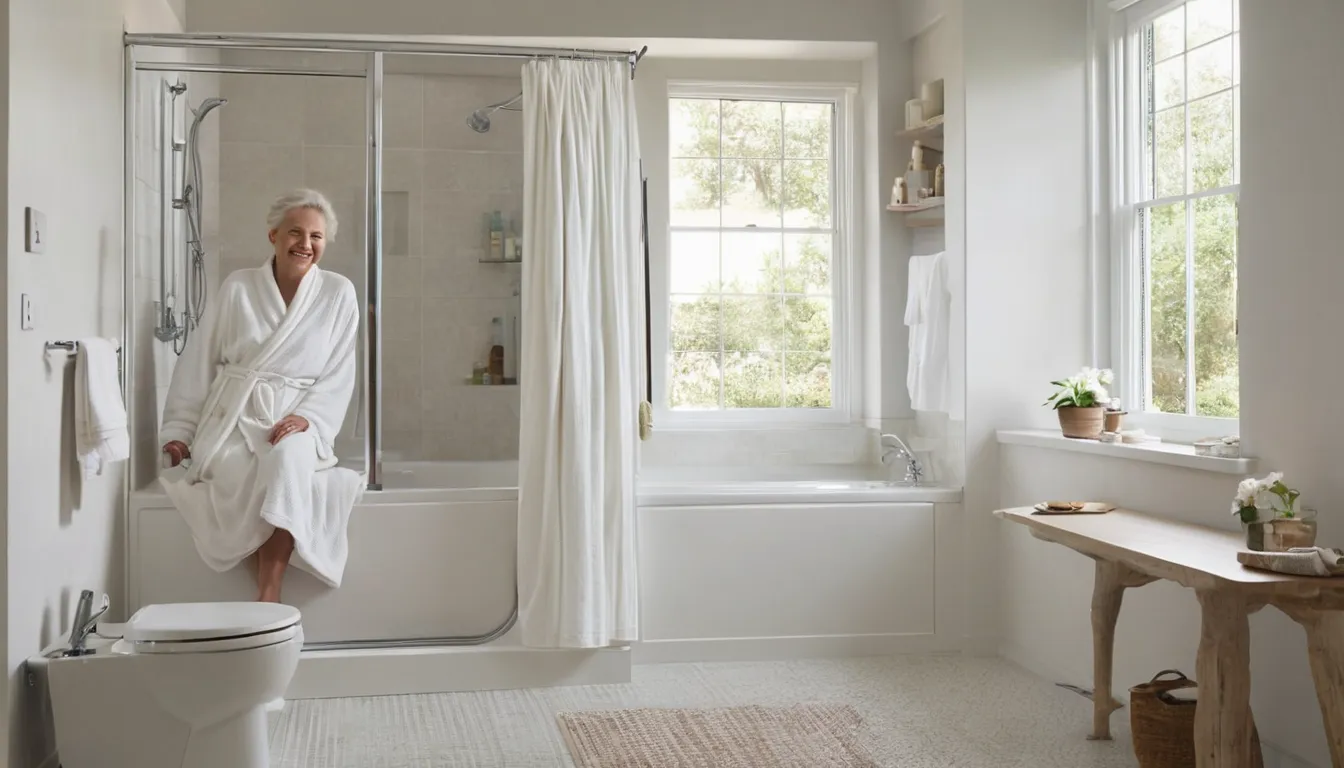 A smiling older homeowner sitting beside a walk-in tub in a bright bathroom in a Old Westbury home